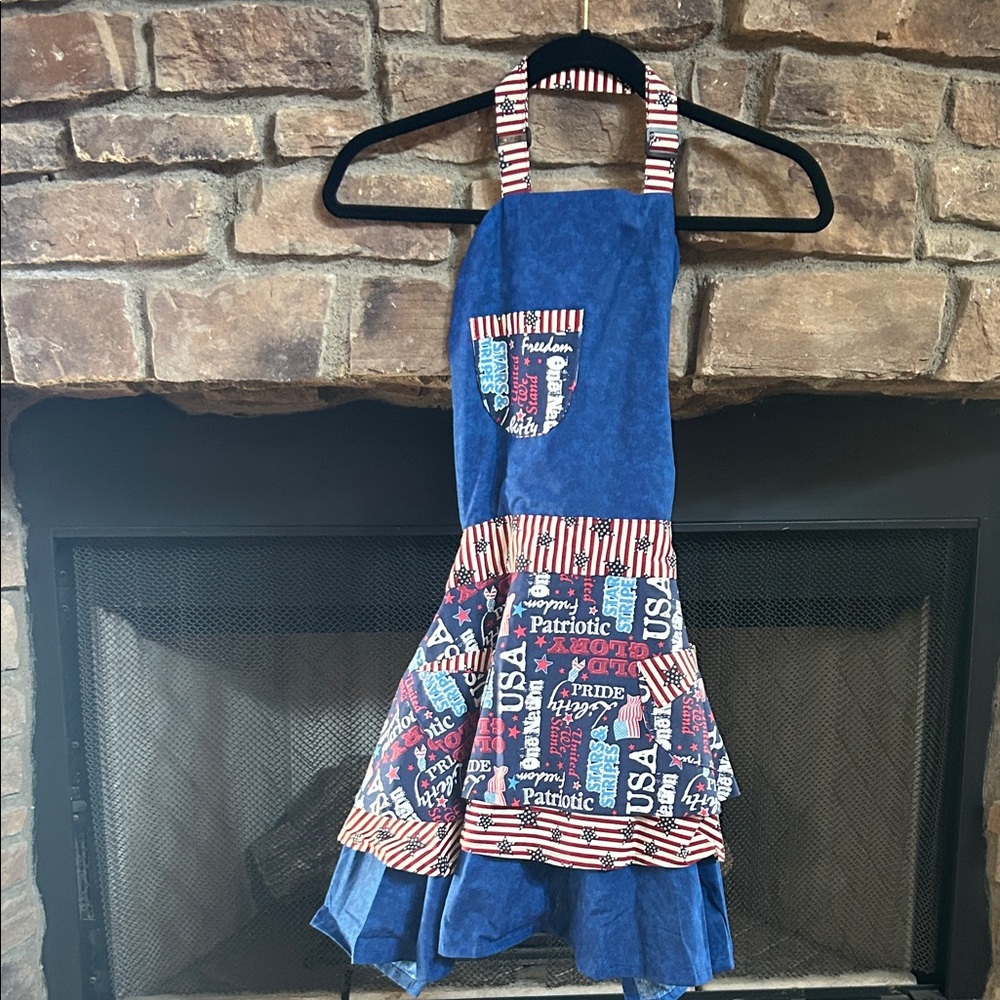 NWOT Handmade Blue Patriotic Apron with Stars and Stripes and 3 Ruffled Bottom.